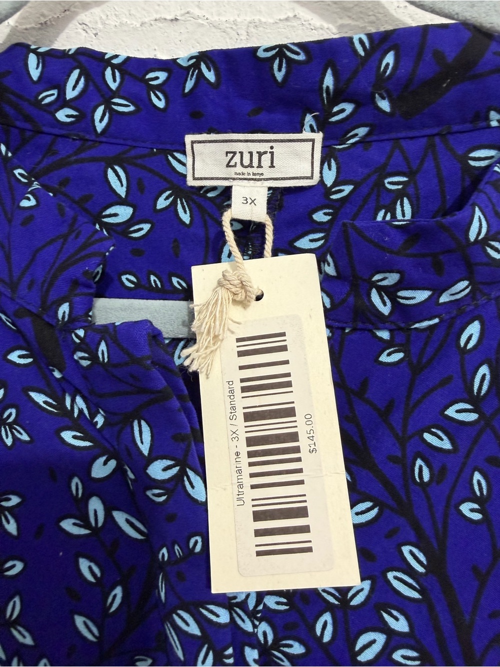 NWT Zuri Ultramarine Leaf Print Shirt Dress Handmade Kenya 100% Cotton Size 3X - Picture 5 of 8